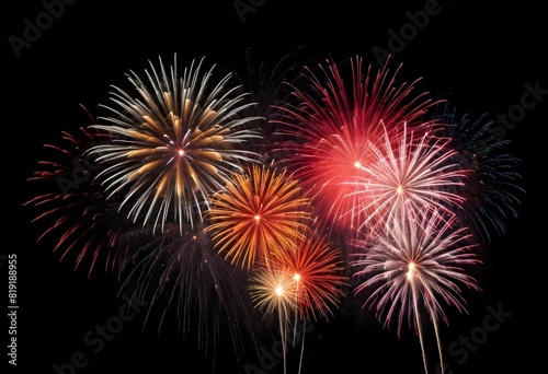 Colorful fireworks display in the night sky   with various bursts of red  orange  yellow  and white sparks against a dark background