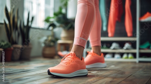 Woman in pink sportswear standing in front rack clothes
