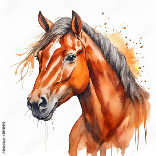 Watercolor painting of farm or wild horse. Domestic animal. Hand drawn art isolated on white