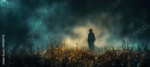 A night scene with a creepy scarecrow in a pumpkin patch, surrounded by fog and eerie lighting photo