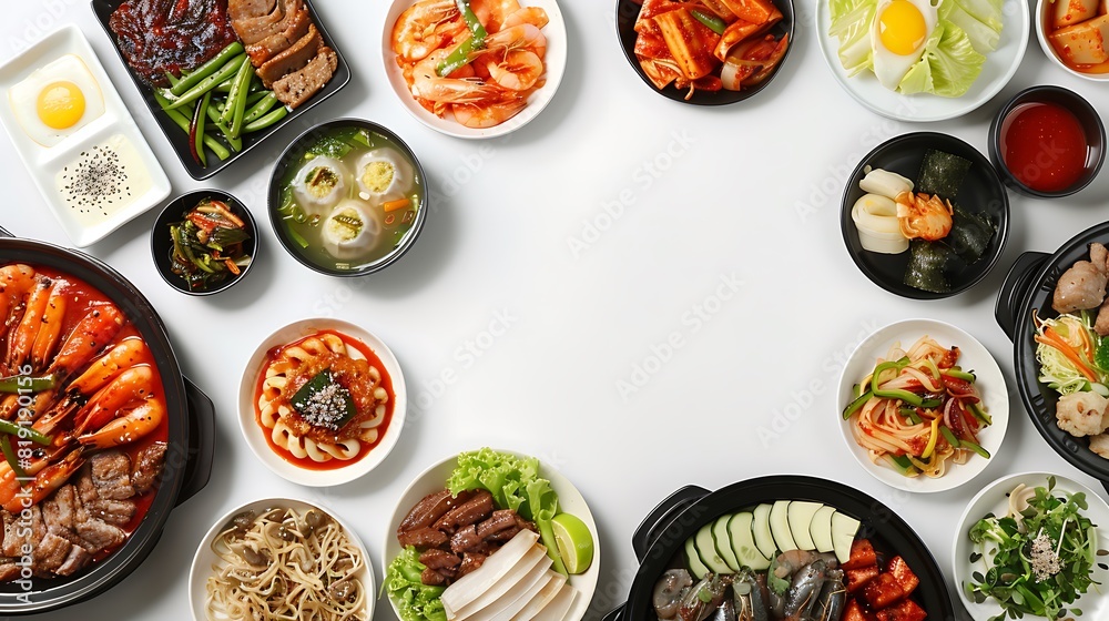 Authentic Korean Cuisine Spread in High Definition 8K - Top View Composition on Plain White Background Authentic Korean Cuisine Spread in High Definition 8K - Top View Composition on Plain White Background
