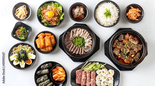 Vibrant Collection of Korean Food from Top View on Plain White Background in High Definition 8K Resolution