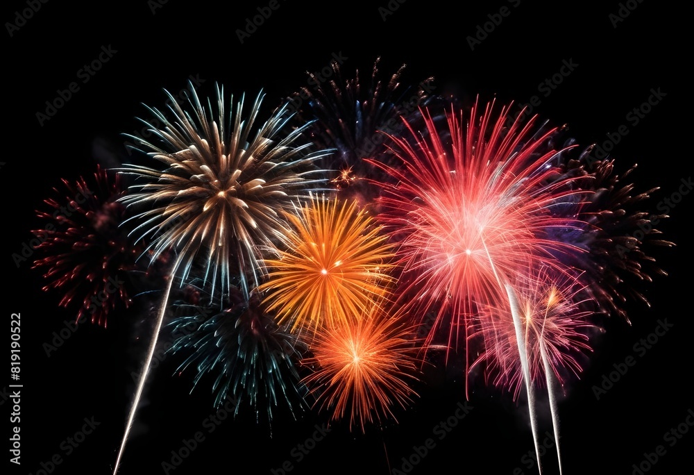 Colorful fireworks display in the night sky , with various bursts of red, orange, yellow, and white sparks against a dark background