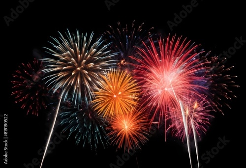 Colorful fireworks display in the night sky   with various bursts of red  orange  yellow  and white sparks against a dark background