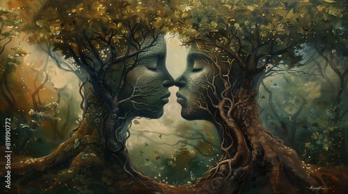 a beautifully detailed acrylic painting where two trees with human-like faces are portrayed in the act of kissing,