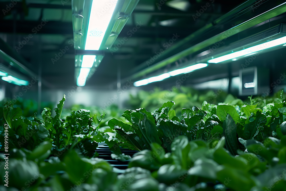 Leafy greens thriving on a high-tech farm, showcasing innovative agriculture techniques and fresh produce Leafy greens thriving on a high-tech farm, showcasing innovative agriculture techniques and fresh produce