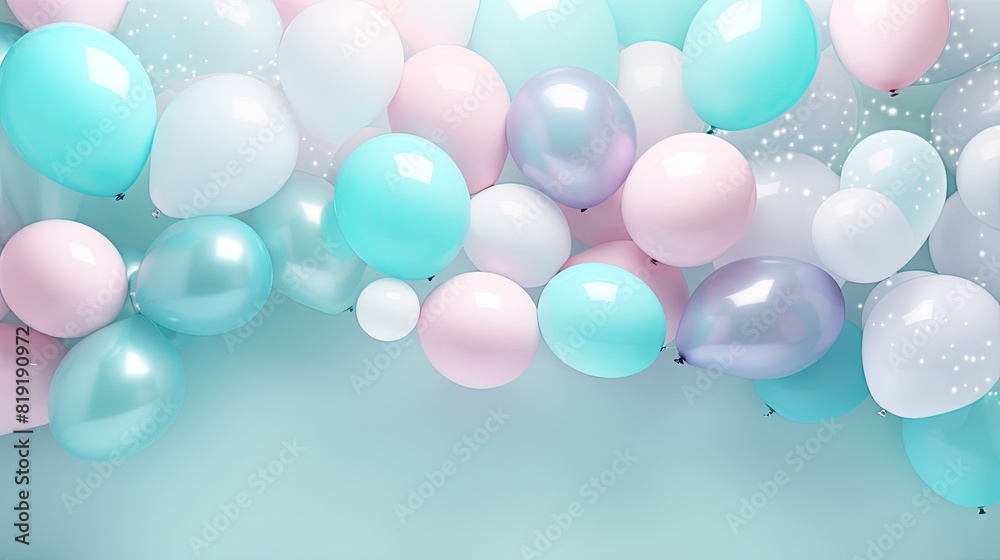 Pastel blue, pink and white balloons on blue background