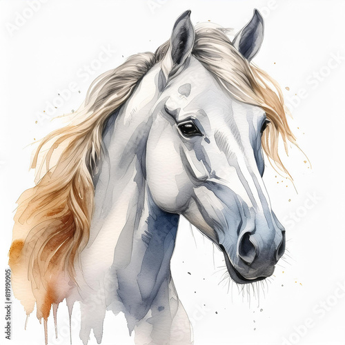 Watercolor painting of farm or wild white horse. Domestic animal. Hand drawn art.