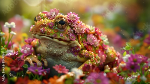 a Flowered Frog hiding in a colorful garden, where it blends seamlessly with the blooming environment. © Amir