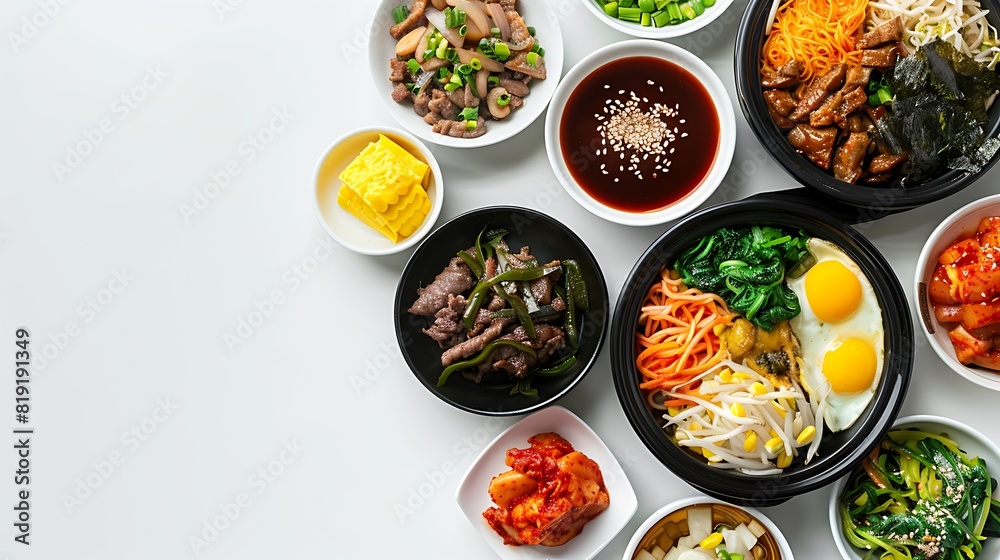 Appetizing Array of Korean Food from a Top View on Clean White Background in Crystal-Clear 8K Resolution Appetizing Array of Korean Food from a Top View on Clean White Background in Crystal-Clear 8K Resolution