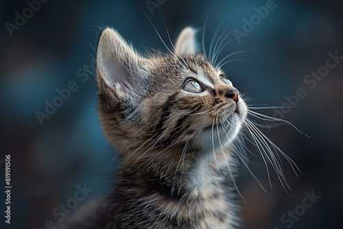 An image of a small kitten looking up, high quality, high resolution