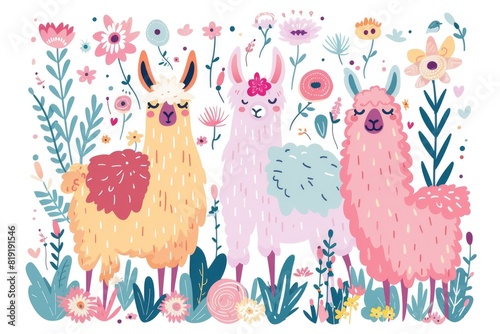 A group of llamas surrounded by colorful flowers and green plants. Ideal for nature and animal enthusiasts #819191546