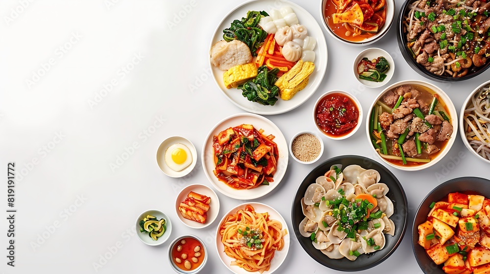 Authentic Korean Cuisine Spread on White Background in Stunning 8K Resolution - Top View Realistic Food Photography Authentic Korean Cuisine Spread on White Background in Stunning 8K Resolution - Top View Realistic Food Photography