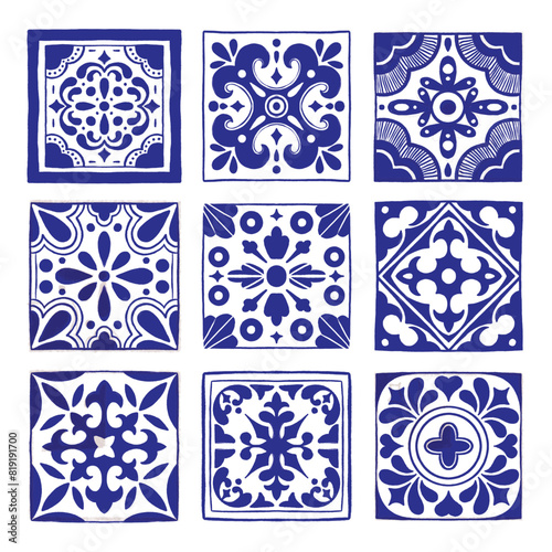 Various square Tiles. Different blue ornaments. Traditional mediterranean style. Hand drawn. Ceramic tiles. Vector illustration isolated on background. 