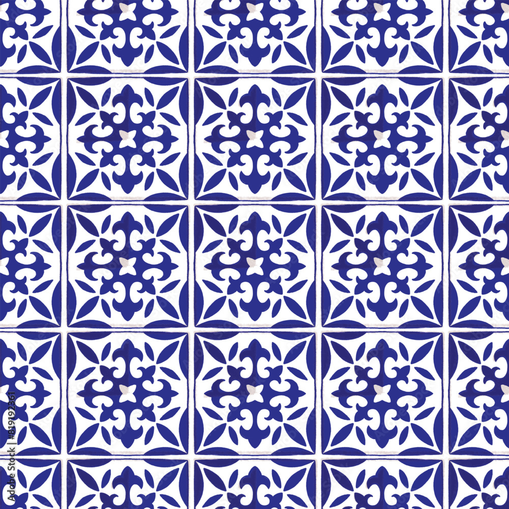 Various square Tiles seamless pattern. Different blue ornaments. Traditional mediterranean style. Hand drawn. Ceramic tiles. Vector illustration isolated on background. Various square Tiles seamless pattern. Different blue ornaments. Traditional mediterranean style. Hand drawn. Ceramic tiles. Vector illustration isolated on background.