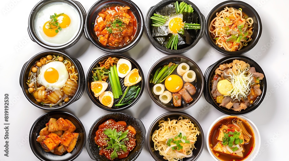 Authentic Korean Cuisine Spread on Plain White Background in Ultra HD 8K Top View Authentic Korean Cuisine Spread on Plain White Background in Ultra HD 8K Top View