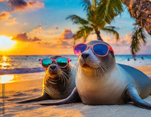 Seehunde liegen mit Sonnenbrillen am Palmenstrand am Meer photo