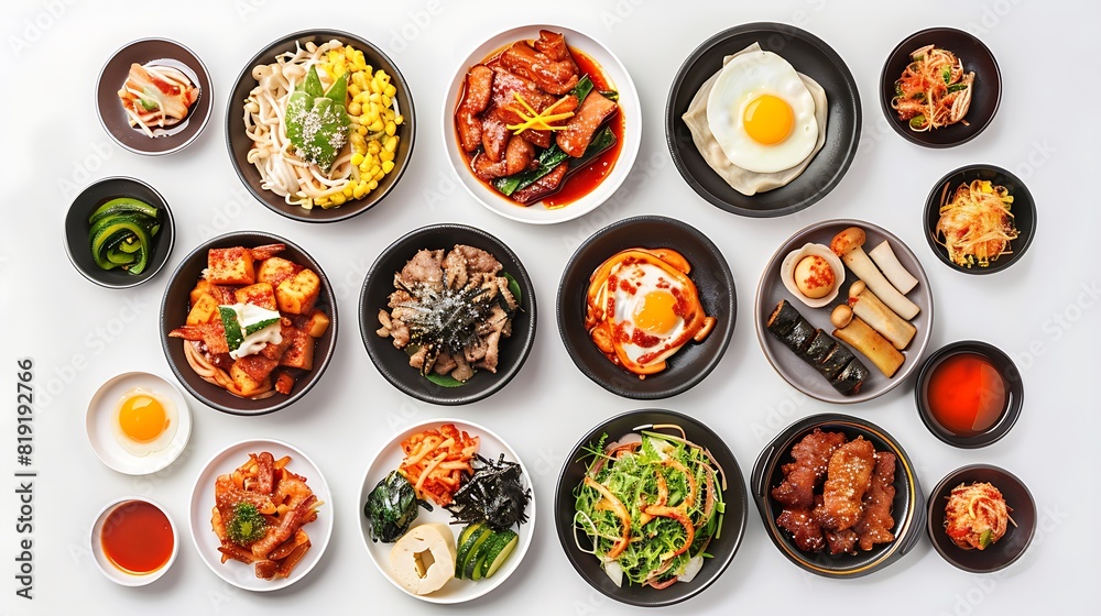Authentic Korean Cuisine Spread - Top View of Delicious Korean Food on Plain White Background in HD 8K Resolution Authentic Korean Cuisine Spread - Top View of Delicious Korean Food on Plain White Background in HD 8K Resolution