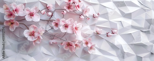 3D wallpaper with a low poly background of sakura flowers on a white geometric paper texture