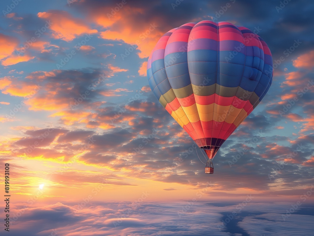 A vibrant hot air balloon floats gracefully above soft clouds during a serene sunset, evoking a sense of freedom, tranquility, and adventure