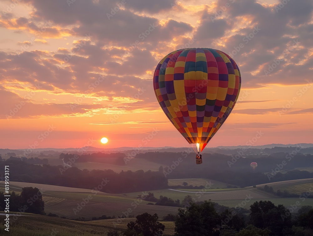 A vibrant hot air balloon floats peacefully over a picturesque landscape at sunrise, evoking feelings of serenity and adventure with concepts of freedom, exploration, and natural beauty