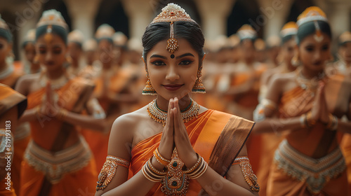 Indian classical dancers adorned in vibrant traditional attire, striking elegant poses in a courtyard, with the warm glow of dusk adding a mystical ambiance. photo