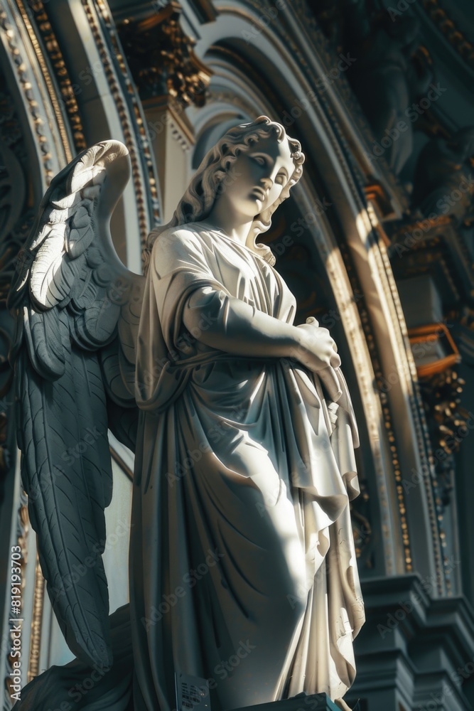 A statue of an angel on a building, suitable for architectural and religious concepts A statue of an angel on a building, suitable for architectural and religious concepts