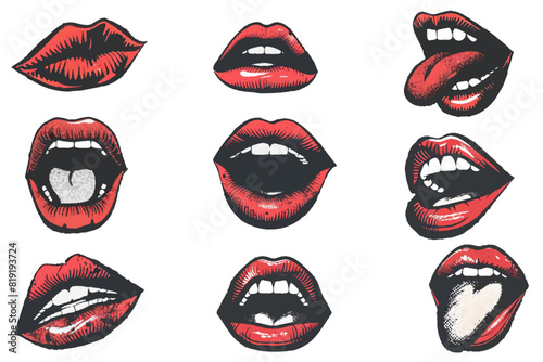 Red lips and mouth photocopy effect, for grunge punk y2k collage design. Elements in stipple halftone brutalist retro design. Vector illustration for vintage music poster or banner.  © Oksana Kalashnykova