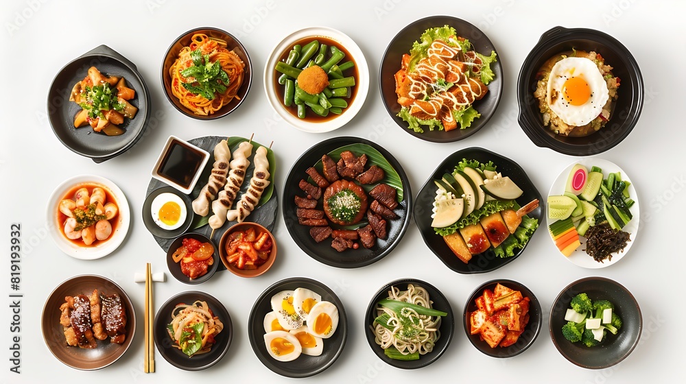 Authentic Korean Cuisine Spread in Top View on White Background in High Definition 8K Quality Authentic Korean Cuisine Spread in Top View on White Background in High Definition 8K Quality