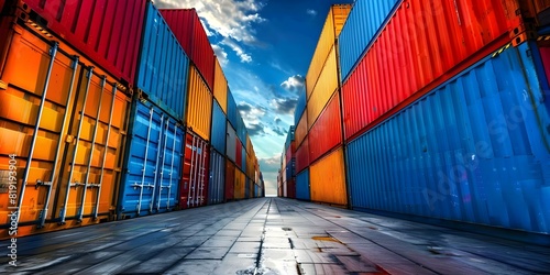 Large container ships lined up at a port displaying neatly stacked cargo. Concept Transportation, Shipping Industry, Cargo Ships, Port Operations