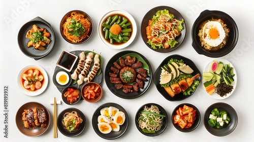 Authentic Korean Cuisine Spread in Top View on White Background in High Definition 8K Quality