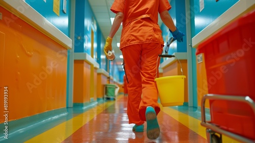 Detail shot of female cleaners hands in gloves disposing garbage into a plastic bucket