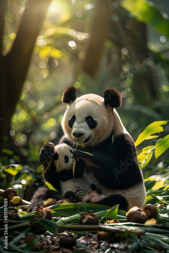 Bamboo feast  panda love in the wild on a blurred jungle background