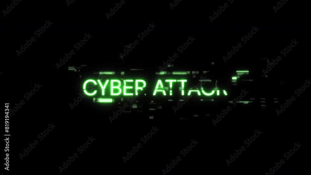 Cyber attack text with screen effects of technological failures. Spectacular screen glitch with various kinds of interference. Looped