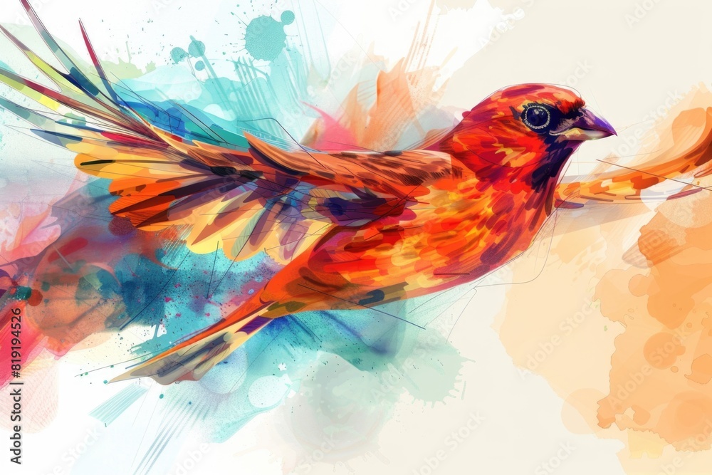Fototapeta premium A vibrant painting of a bird flying through the air. Suitable for various design projects