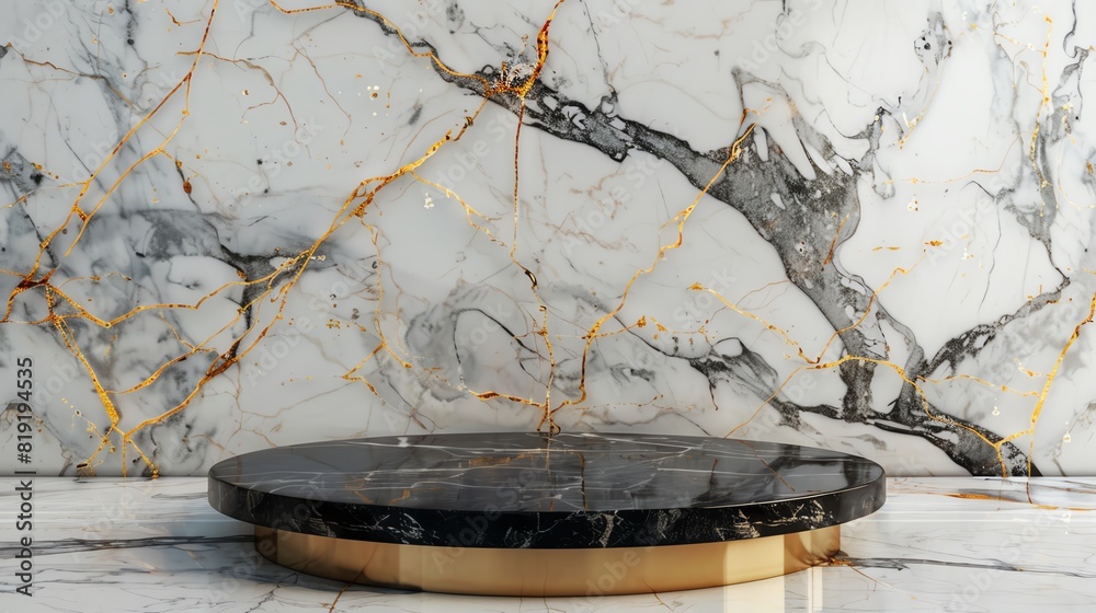 A black marble podium with a gold base sits in front of a white marble wall with gold veins. The podium is empty and ready to be used for a product display or other purpose.