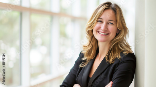 Free Download A woman in a black suit is smiling and posing for a photo. She is wearing a jacket and a tie, and her hair is styled in a way that makes her look professional and confident. smiling corporate woman - GFXLoad