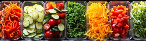 A variety of fresh vegetables, including cucumbers, tomatoes, carrots, peppers, and lettuce, are arranged in a row of clear plastic containers. photo