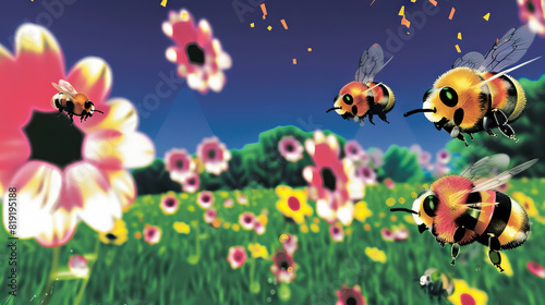 Buzzing Garden: The Vibrant Life of Bees and Flowers - Picture a scene where bees buzz from flower to flower, collecting pollen and nectar and contributing to the cycle of life in the garden