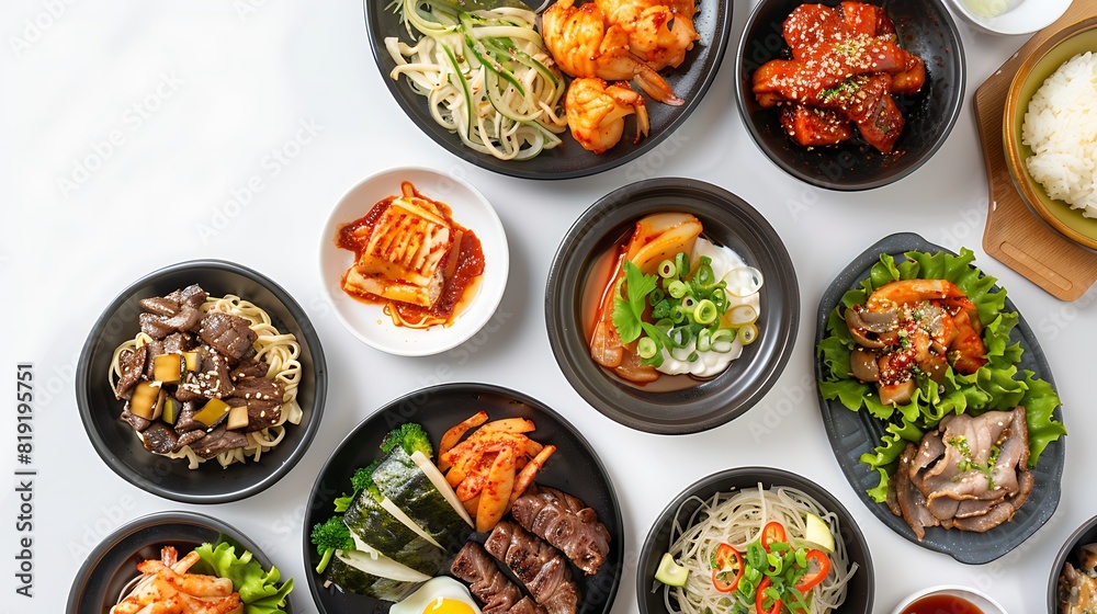 Authentic Korean Food Spread on Plain White Background in Stunning 8K Resolution, Top View Shot for Realistic Experience