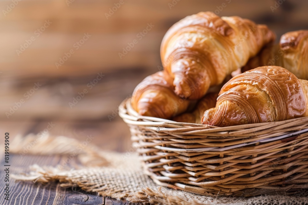 Fresh croissants in a basket: delicious baked goods up close on a fuzzy light brown background Fresh croissants in a basket: delicious baked goods up close on a fuzzy light brown background