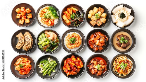 Delicious Korean Food Spread in Top View on Plain White Background in Stunning 8K Resolution