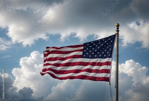 Patriotic USA Flag Fluttering Against Cloudy Sky