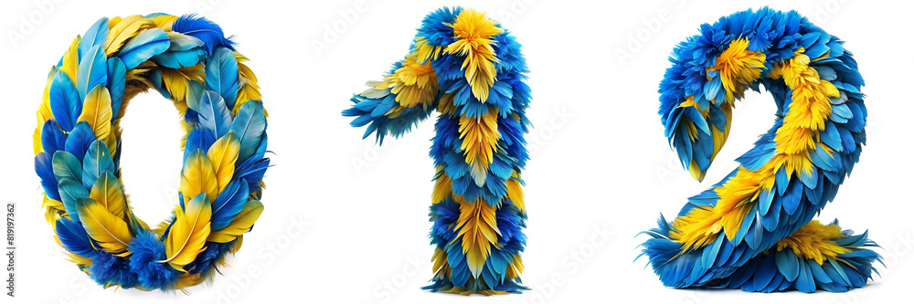 Obraz premium Numbers 0, 1, 2. Alphabet Made of Blue Macaw Feathers in Blue and Yellow Colors.
