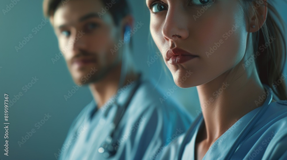 A man and a woman in medical scrubs standing together. Suitable for healthcare and medical concepts A man and a woman in medical scrubs standing together. Suitable for healthcare and medical concepts