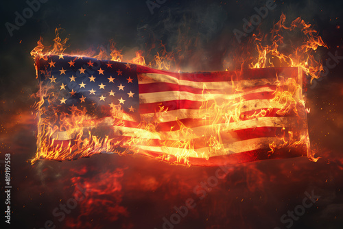 burning American flag stretched photo