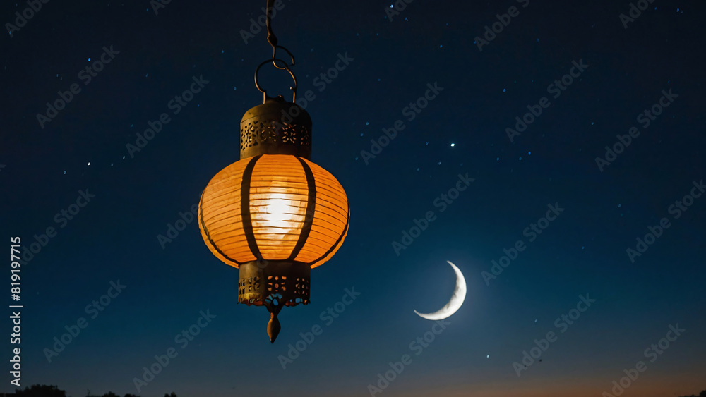 lantern in the sky and moon in the background for eid ul adh