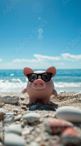 Beach Bum Piggy: Holiday relaxation blurred beach background © Kamil