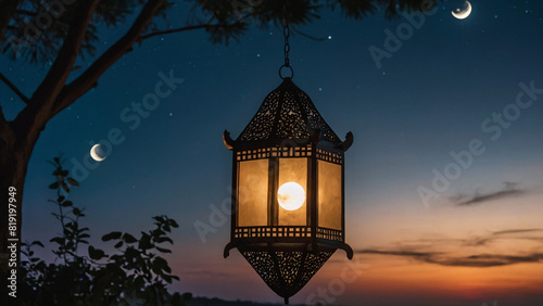 lantern in the sky and moon in the background for eid ul adh