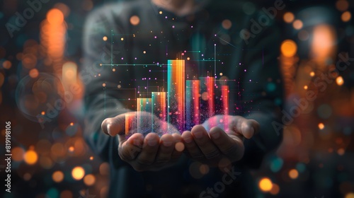 Floating Bar Chart Create visual of a mans hands surface showing business performance. AI Generative